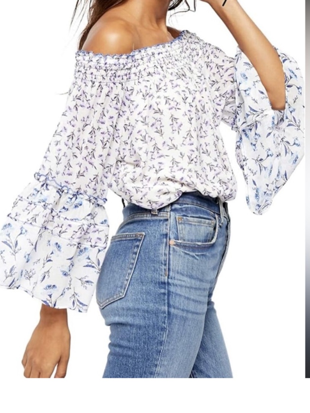 Free People Rose Valley Off Shoulder ivory combo Blouse Top SZ L